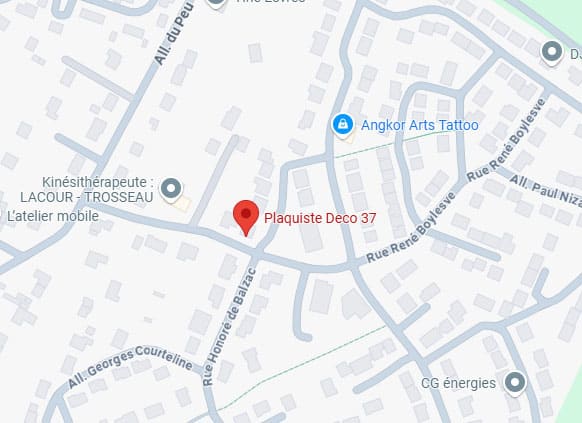 Carte locale avec repères : Plaquiste Deco 37, Angkor Arts Tattoo, Kinésithérapeute Lacour-Trosseau et CG énergies. Rues Honoré de Balzac, René Boylesve.