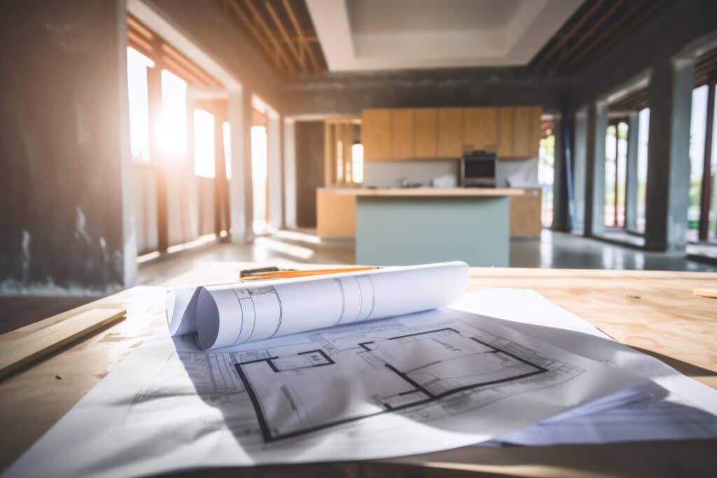Plans d'architecture roulés et posés sur une table en bois, avec un crayon, dans un intérieur en construction lumineux.