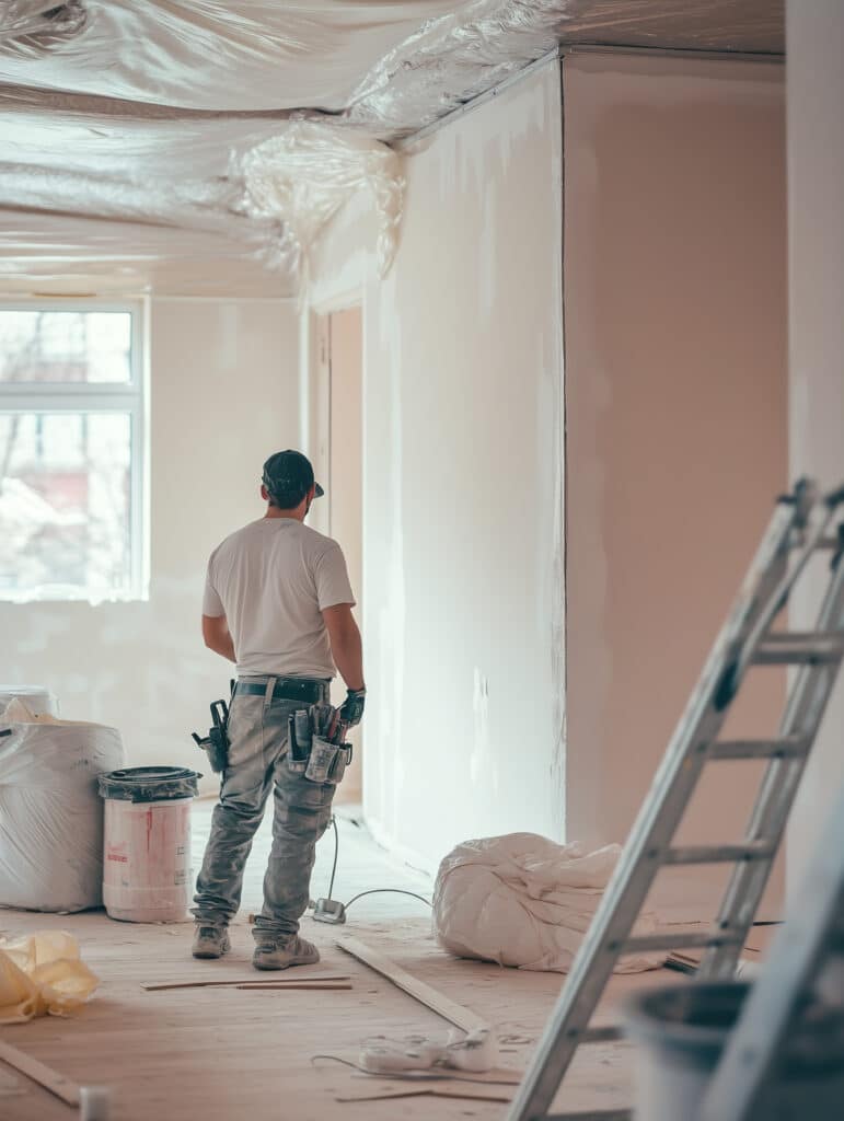 Rénovation intérieure : un ouvrier enduit un mur blanc, entouré de matériel de chantier, bâches de protection et échelle.